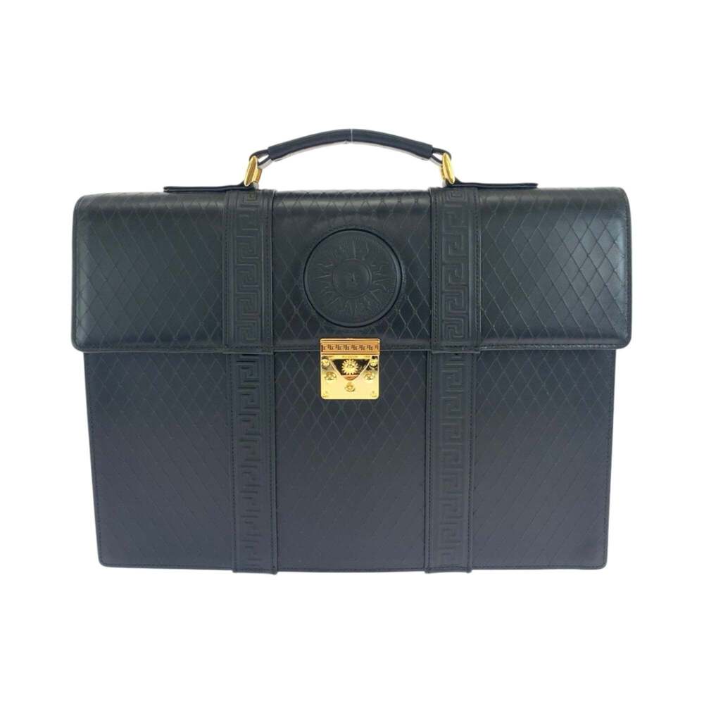 Gianni Versace Vintage Sunburst Black Leather Business Briefcase with Gold Ha...
